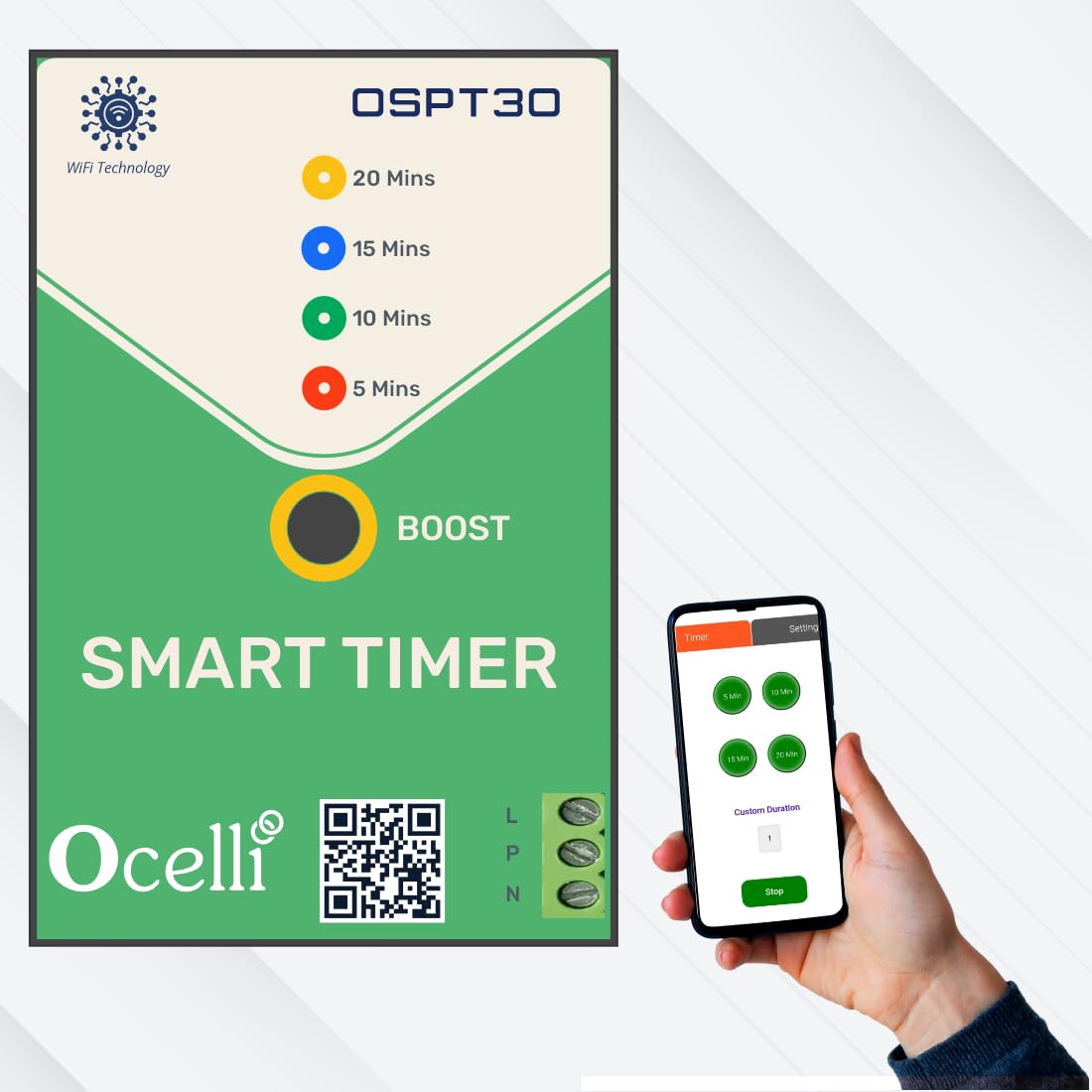 OCELLI Smart Timer Switch for Pump, Geyser & Motor | 5/10/15/20 Min Auto Cut-Off | Smart App & Manual Control | 30A Heavy Duty Relay | Energy Saving Auto Off Timer